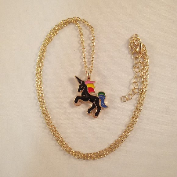 Gold Plated Rainbow Color Unicorn Horse Charm Pendant Necklace 18" Party Gift - Picture 2 of 2